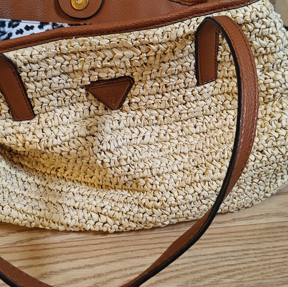 Guess Woven Cream and Brown Shoulder Bag